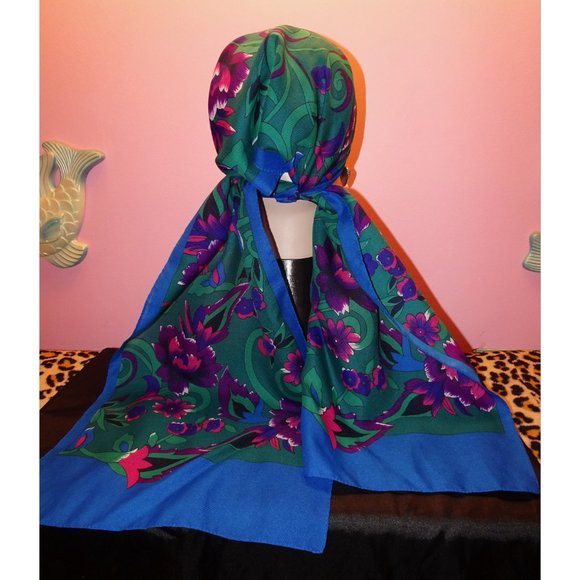 Vintage Purple & Blue Floral Scarf pinup retro rockabilly head wrap bow neck - Picture 9 of 10